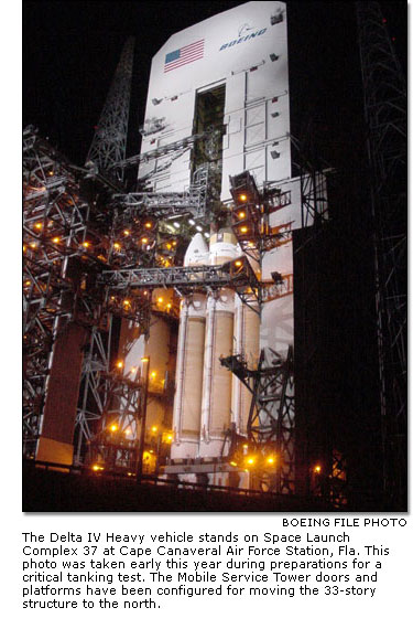 The Delta IV Heavy vehicle stands on Space Launch Complex 37