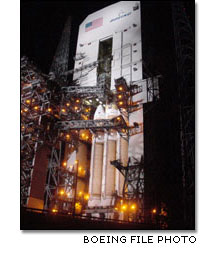 The Delta IV Heavy vehicle stands on Space Launch Complex 37