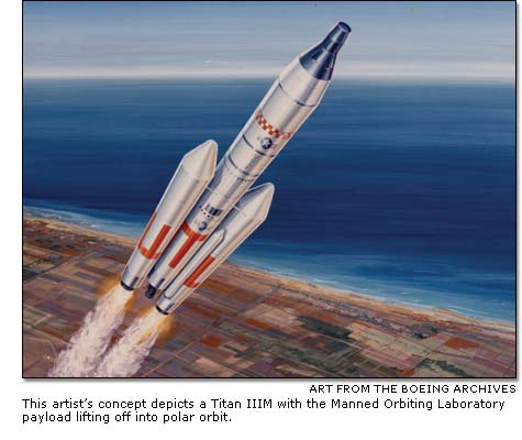 artist’s concept of a Titan IIIM with the MOL payload lifting off into polar  orbit