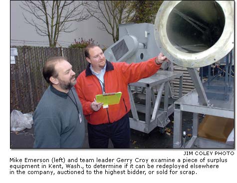 Mike Emerson and Gerry Croy examine a piece of surplus equipment