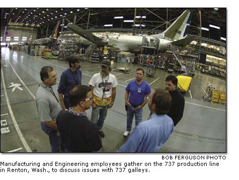 employees gather on the 737 production line