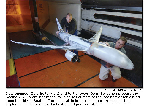 Dale Belter and Kevin Schoenen prepare the Boeing 7E7 Dreamliner model for tests
