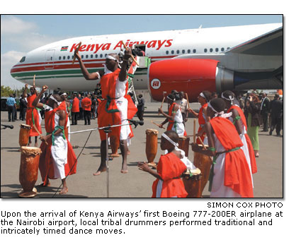 local tribal drummers perform upon the arrival of Kenya Airways’ first Boeing 777-200ER airplane
