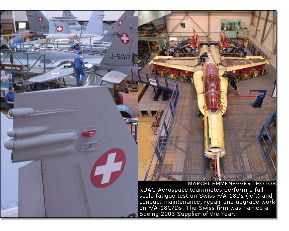 a full-scale fatigue test on Swiss F/A-18Ds (left) and conduct maintenance, repair and upgrade work on F/A-18C/D (right)