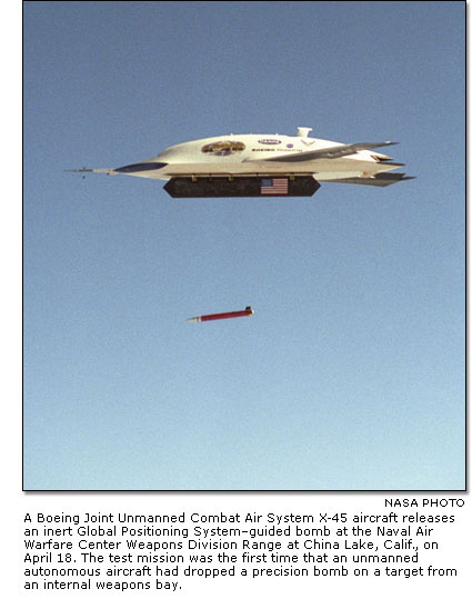 An X-45 aircraft releases an inert Global Positioning System–guided bomb