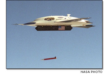 An X-45 aircraft releases an inert Global Positioning System–guided bomb