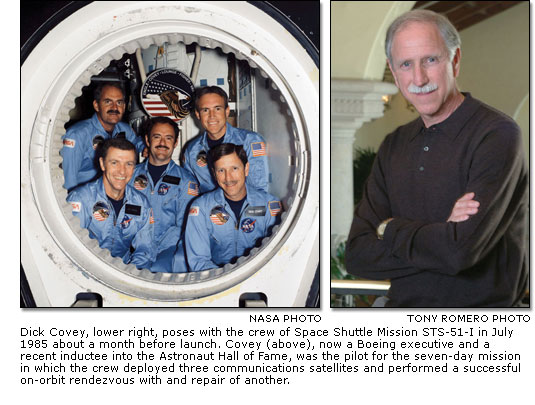 left photo: the crew of Space Shuttle Mission STS-51-I; right photo: Dick Covey