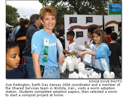 Sue Redington visits a worm adoption station at Earth Day Kansas 2004