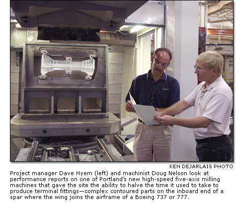 Dave Hyem and machinist Doug Nelson look at performance reports on one of Portland’s new high-speed five-axis milling machines