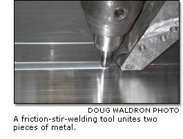 A friction-stir-welding tool unites two pieces of metal.