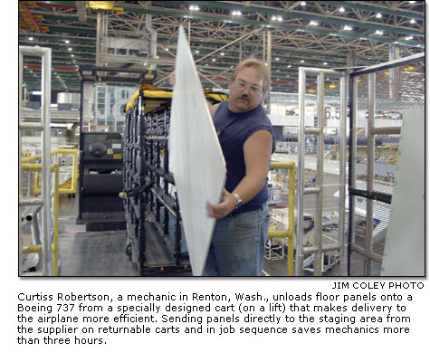 Curtiss Robertson unloads floor panels onto a 737 from a specially designed cart