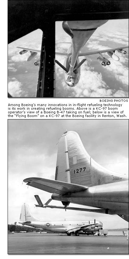 A KC-97 boom operators view of a Boeing B-47 taking on fuel and a view of the Flying Boom on a KC-97