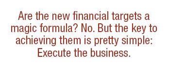 Text: Are the new fi nancial targets a magic formula? No. But the key to achieving them is pretty simple: Execute the business.