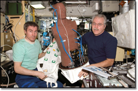 Cosmonaut Sergei K. Krikalev (left) and astronaut
John L. Phillips hold the European Space Agency Matroshka radiation experiment in the ISS