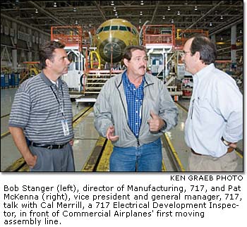 Bob Stanger and Pat McKenna talk with Cal Merrill in front of Commercial Airplanes' first moving assembly line