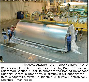 Workers at Spirit AeroSystems in Wichita, Kan., prepare a reinforced Section 46 for Shipment