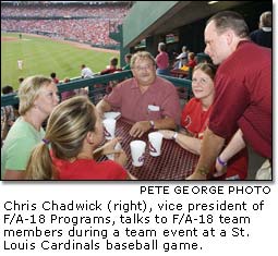 Chris Chadwick talks to F/A-18 team members during at St. Louis Cardinals baseball game