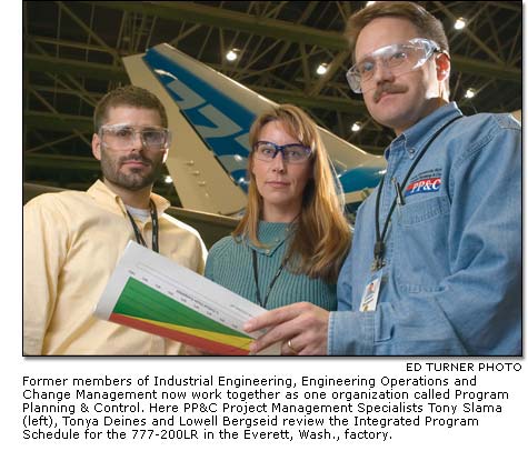 Tony Slama, Tonya Deines and Lowell Bergseid review the Integrated Program Schedule for the 777-200LR in the Everett, Wash., factory.