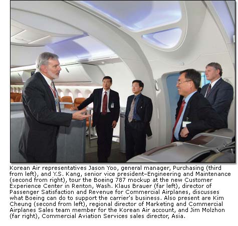 Korean Air and Boeing representatives tour the Boeing 787 mockup at the new Customer Experience Center