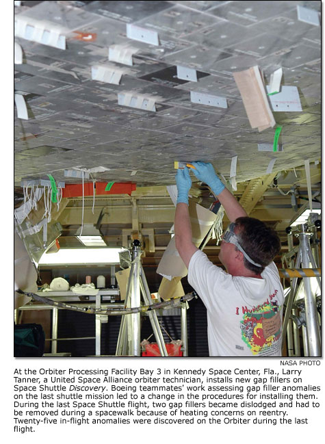 Larry Tanner installs new gap fillers on Space Shuttle Discovery