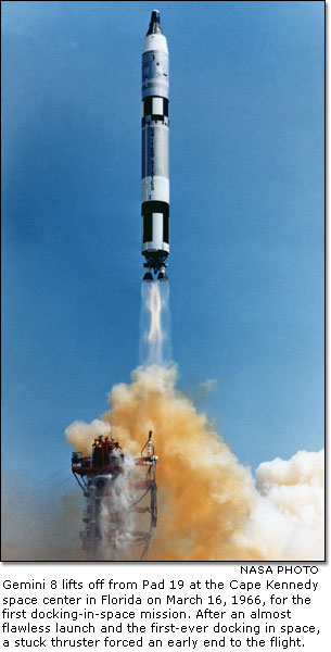 Gemini 8 lifts off from Pad 19 at the Cape Kennedy space center in Florida on March 16, 1966